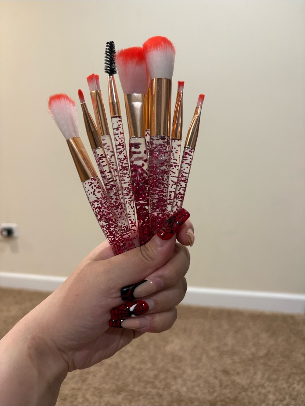 Pink Glitter Handle Makeup Brush Set with Coral-Tipped Bristles